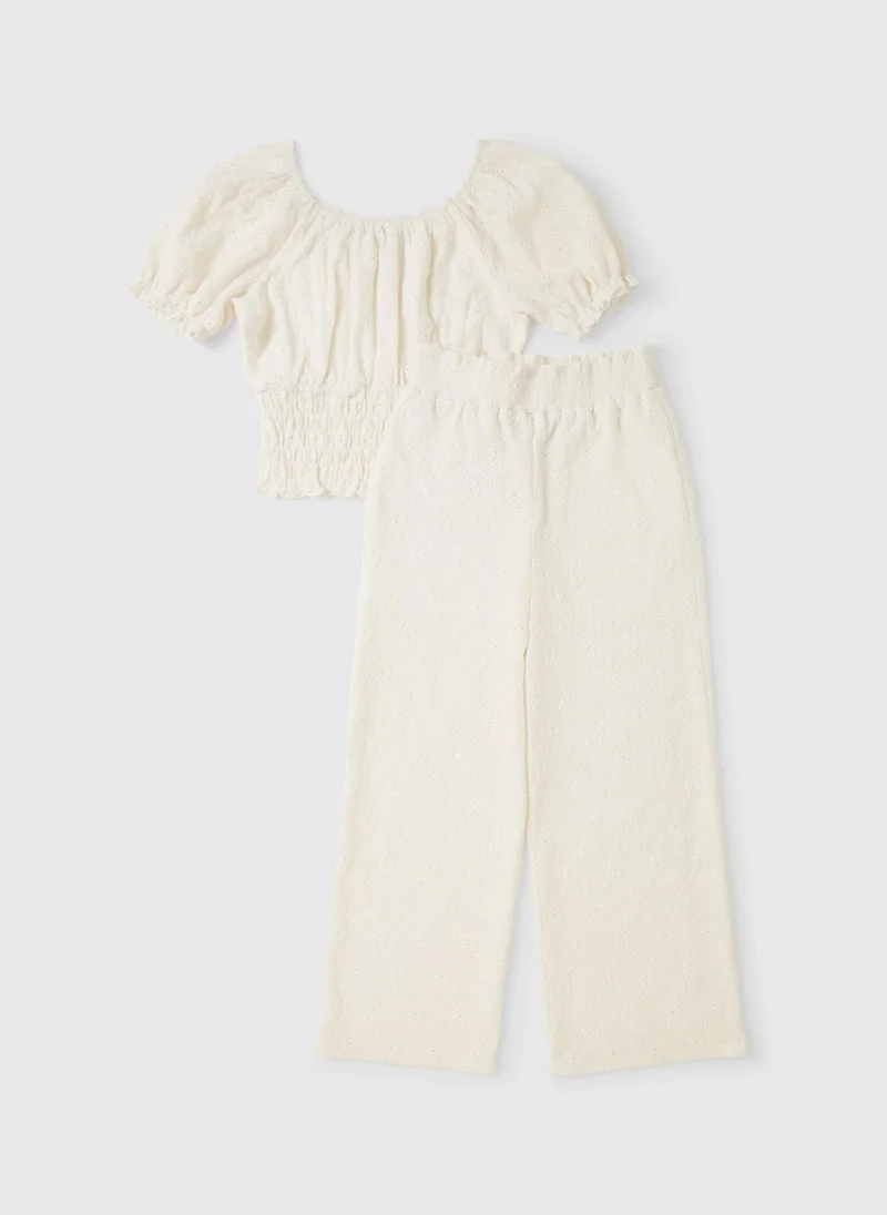 ماتلان Girls Cream Broderie Top & Trouser Set